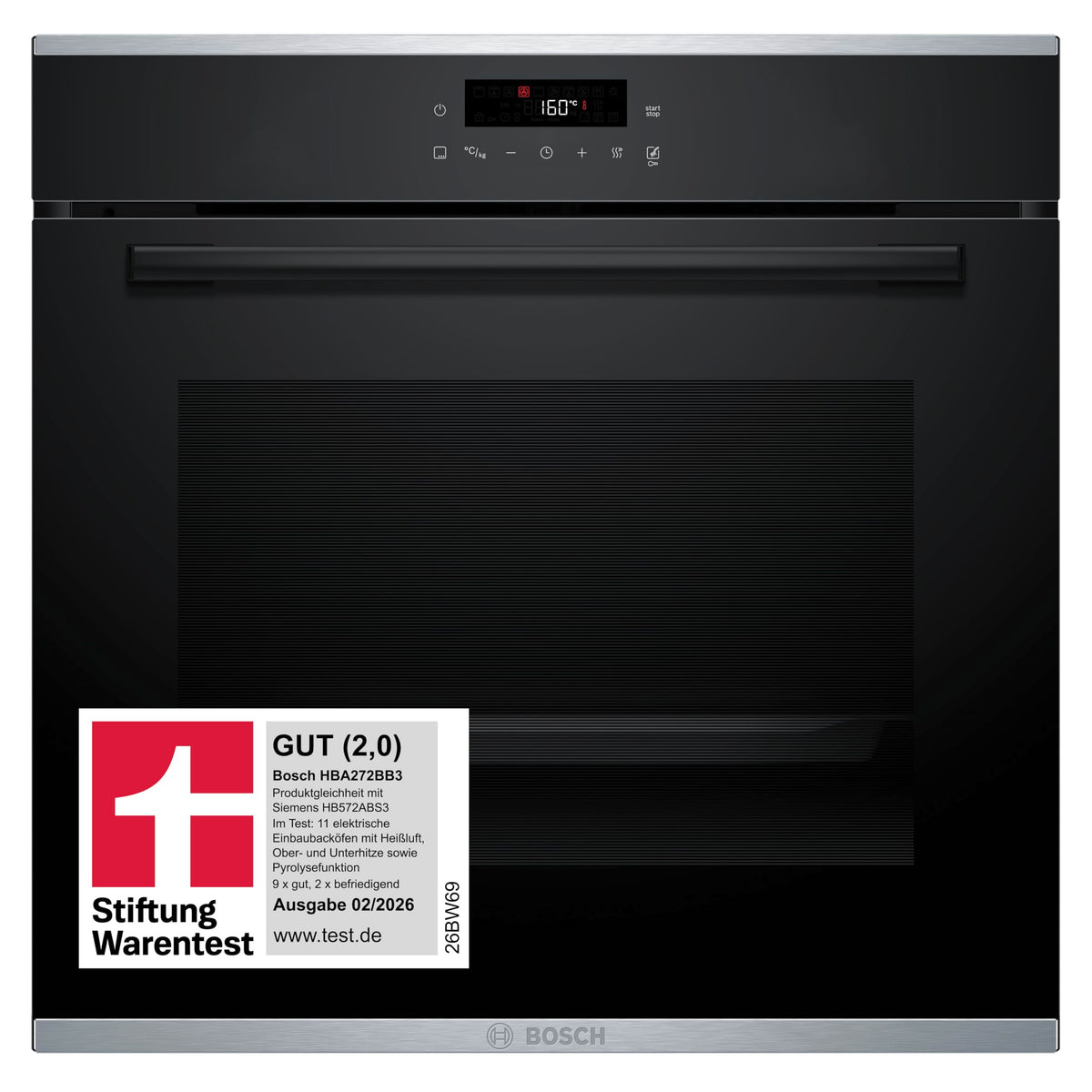 Bosch HBA272BB3 Serie 4 Einbau-Backofen, 3D-Heißluft, Pyrolyse, Hydrolyse, Touch Control