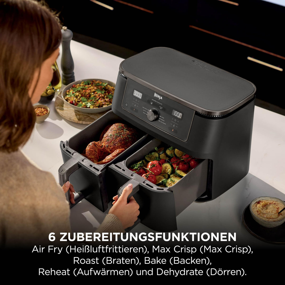 Ninja DZ400EUBK Heißluftfritteuse MAX Dual Zone 9,5L, 6-in-1, Air Fry, Max Crisp, Schwarz