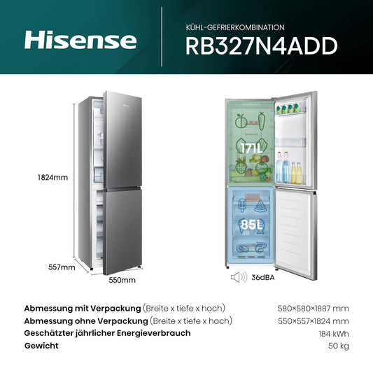 Hisense RB327N4ADD Kühl-Gefrierkombination 256L, Total No Frost, EEK D, Inox Look