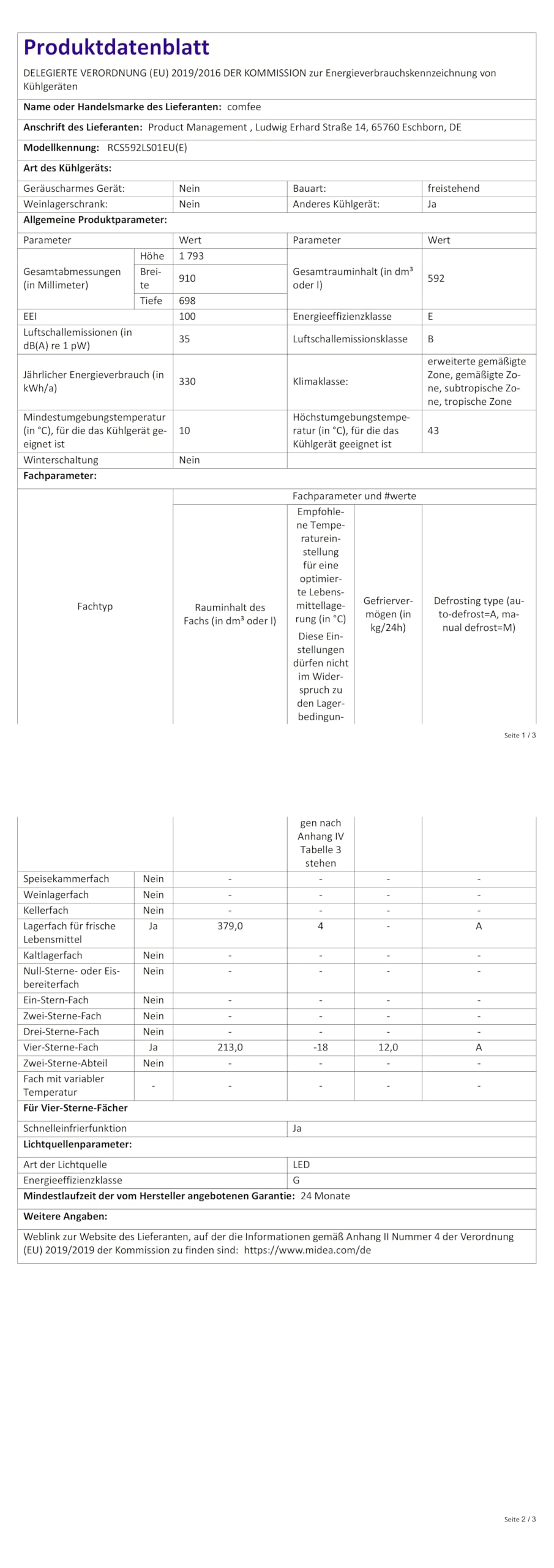 Comfee Side-by-Side Kühlschrank 592L, No Frost, Inverter Kompressor, 35 dB
