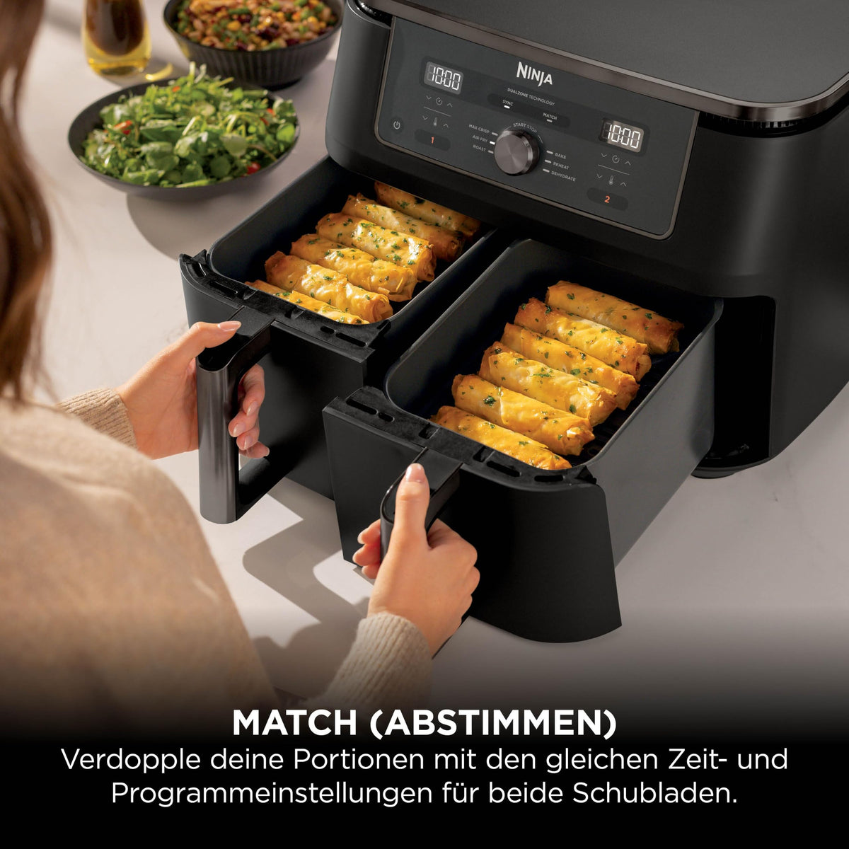 Ninja DZ400EUBK Heißluftfritteuse MAX Dual Zone 9,5L, 6-in-1, Air Fry, Max Crisp, Schwarz