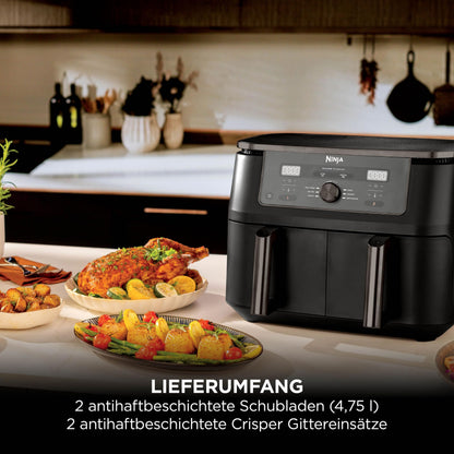 Ninja DZ400EUBK Heißluftfritteuse MAX Dual Zone 9,5L, 6-in-1, Air Fry, Max Crisp, Schwarz